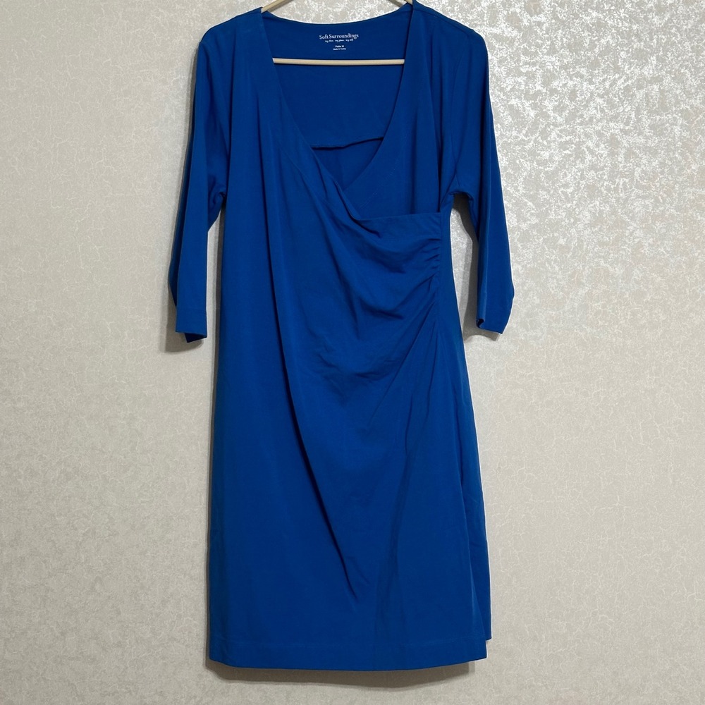 Soft Surroundings Blue Ruched Faux Wrap Front Dress 3/4 Sleeve Stretch Petite M